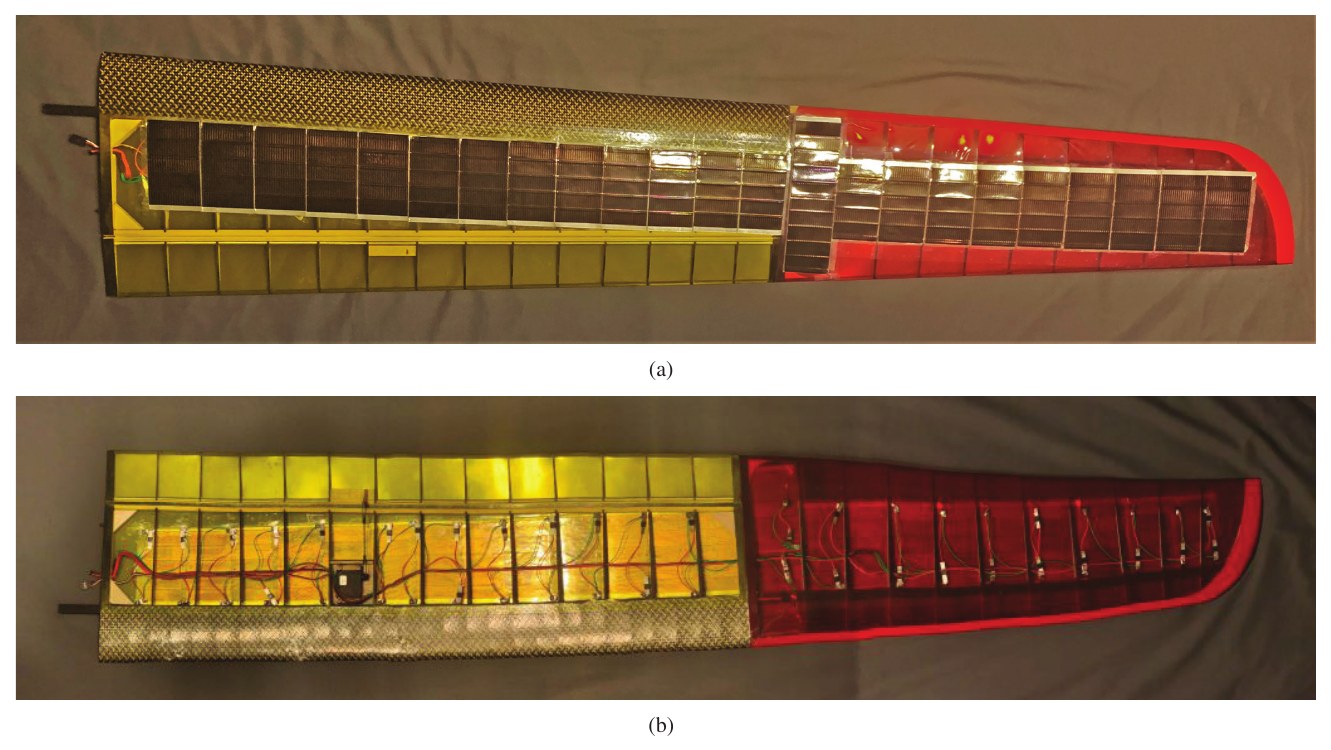 Figure 4. Photos of the right outer wing of the UIUC-TUM Solar Flyer, showing: (a) solar array layout and (b) wiring.
