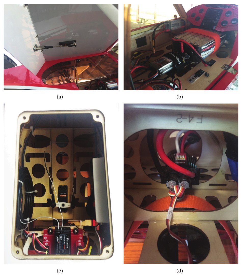 Figure 2. Aircraft construction details: (a) inner wing with ﬂap servo, (b) top tray holding the motor, avionics, and (2) ﬂight control batteries with the motor switch in the background, (c) rear-underside trays holding the rudder pull-pull system and servo, power distribution system with the data acquisition system mounted on the right and left, and (d) underside of the top tray holding the motor electronic speed controller (ESC).
